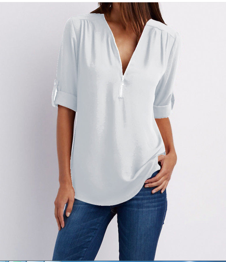BLOUSE À COL EN V ZIP POUR FEMMES