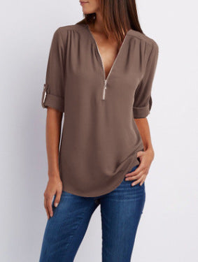 BLOUSE À COL EN V ZIP POUR FEMMES