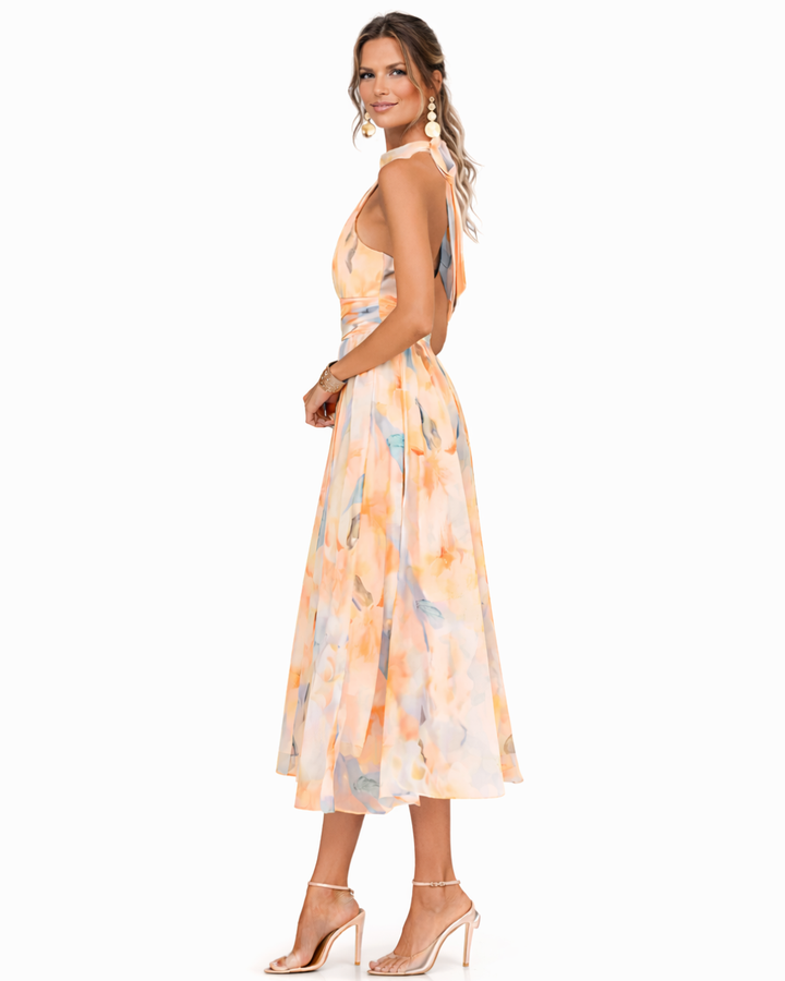 ROBE EN MOUSSELINE PÊCHE FLORAISON POUR FEMME