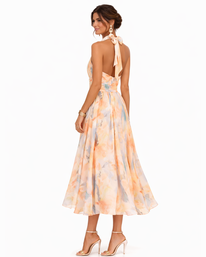 ROBE EN MOUSSELINE PÊCHE FLORAISON POUR FEMME