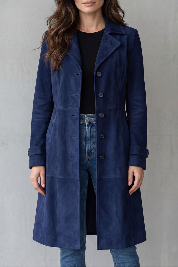 Armance | Manteau Long Effet Suédine – Bleu marine