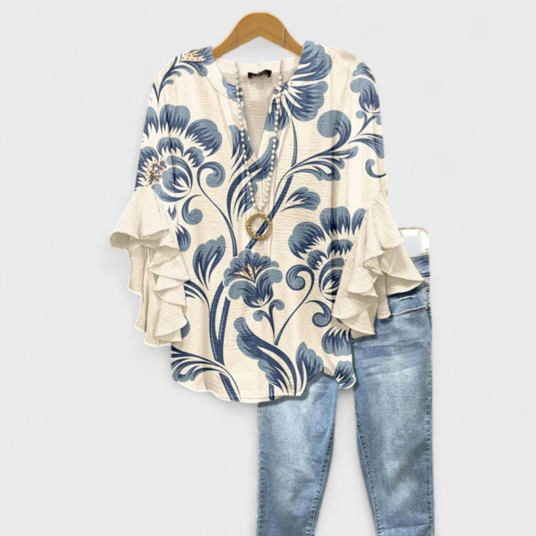 Maryse | Blouse Col V à Manches Volantées – Blanc