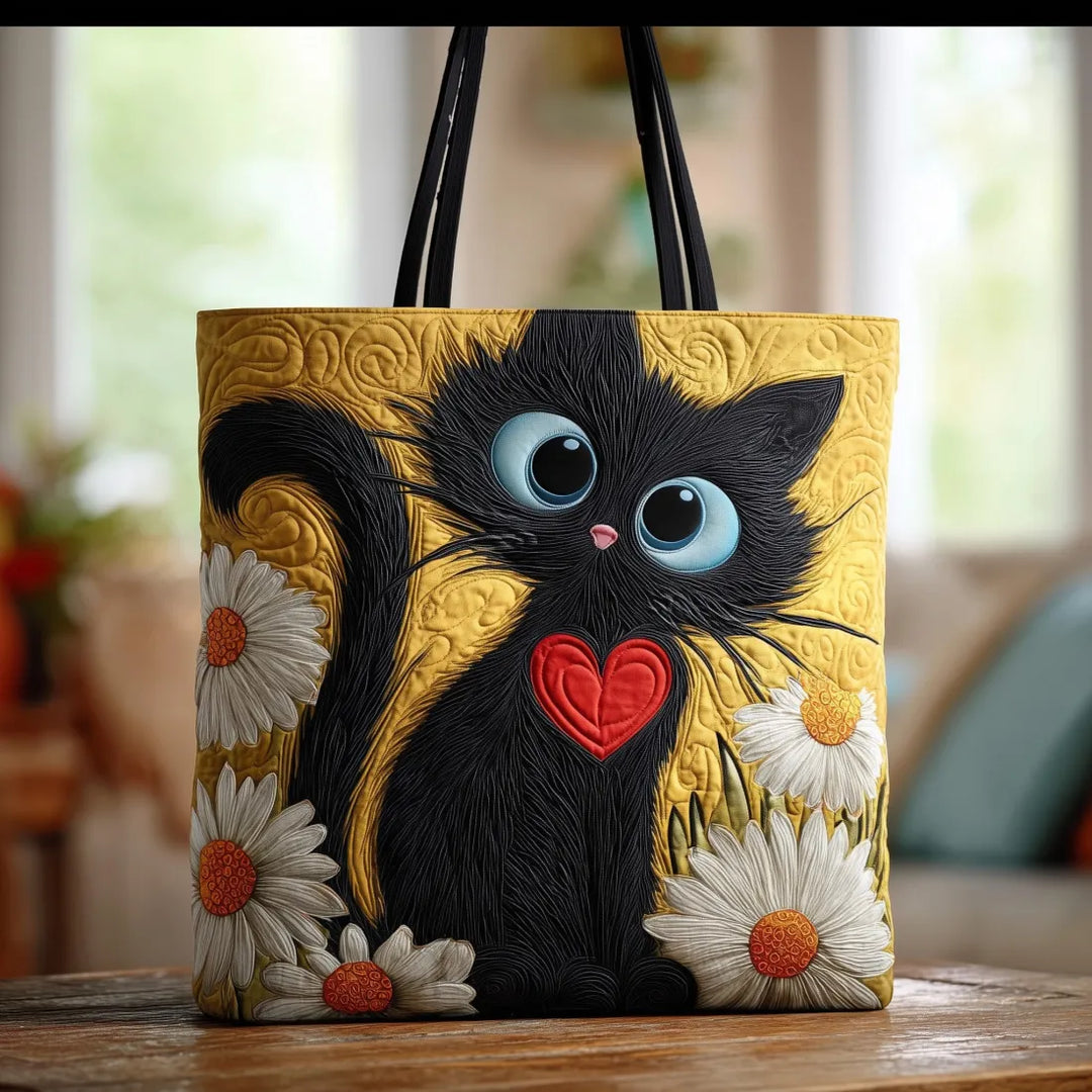 Sac Matelassé Chat Noir, Cœur et Marguerites