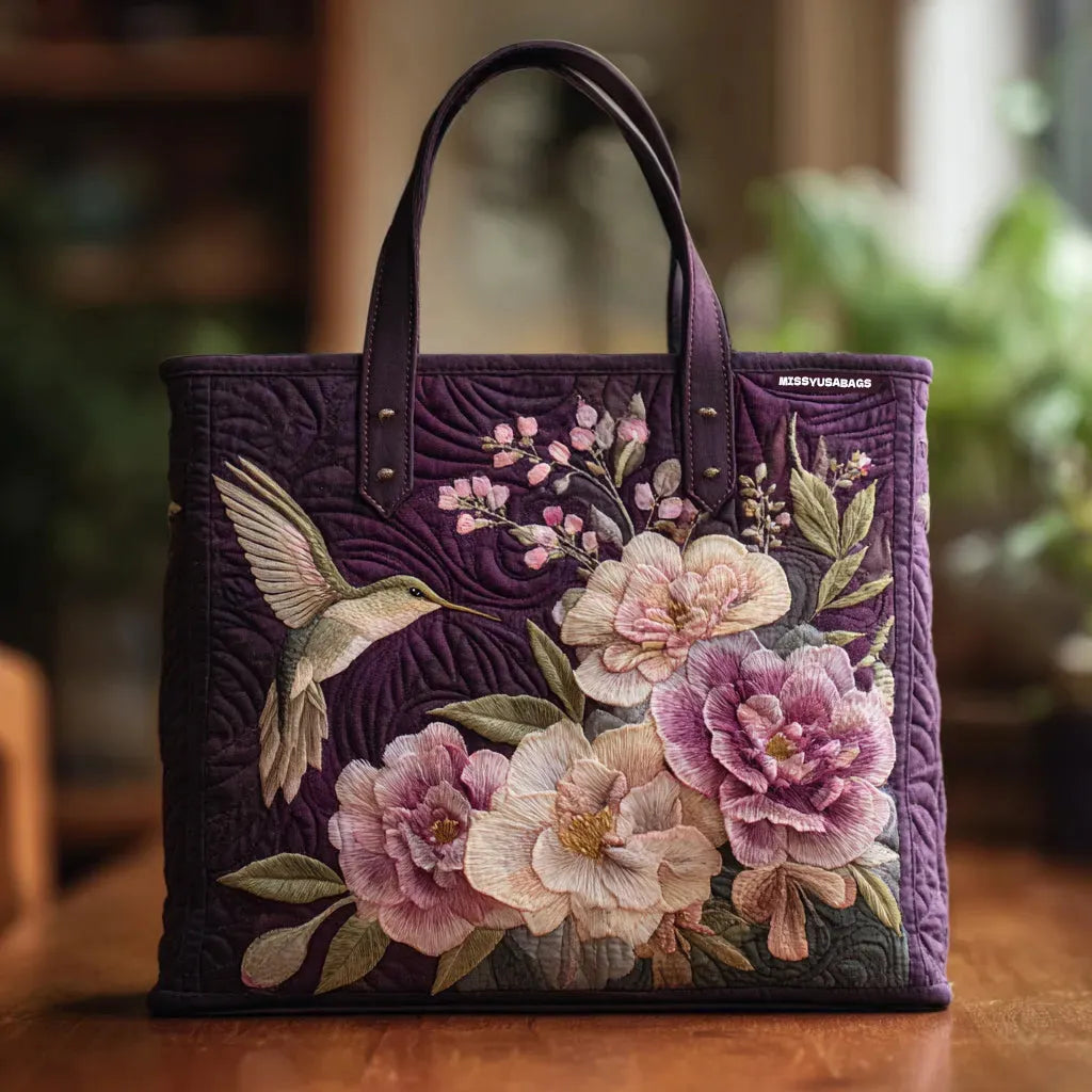 Sac Cabas Matelassé Violet, Colibris et Orchidées
