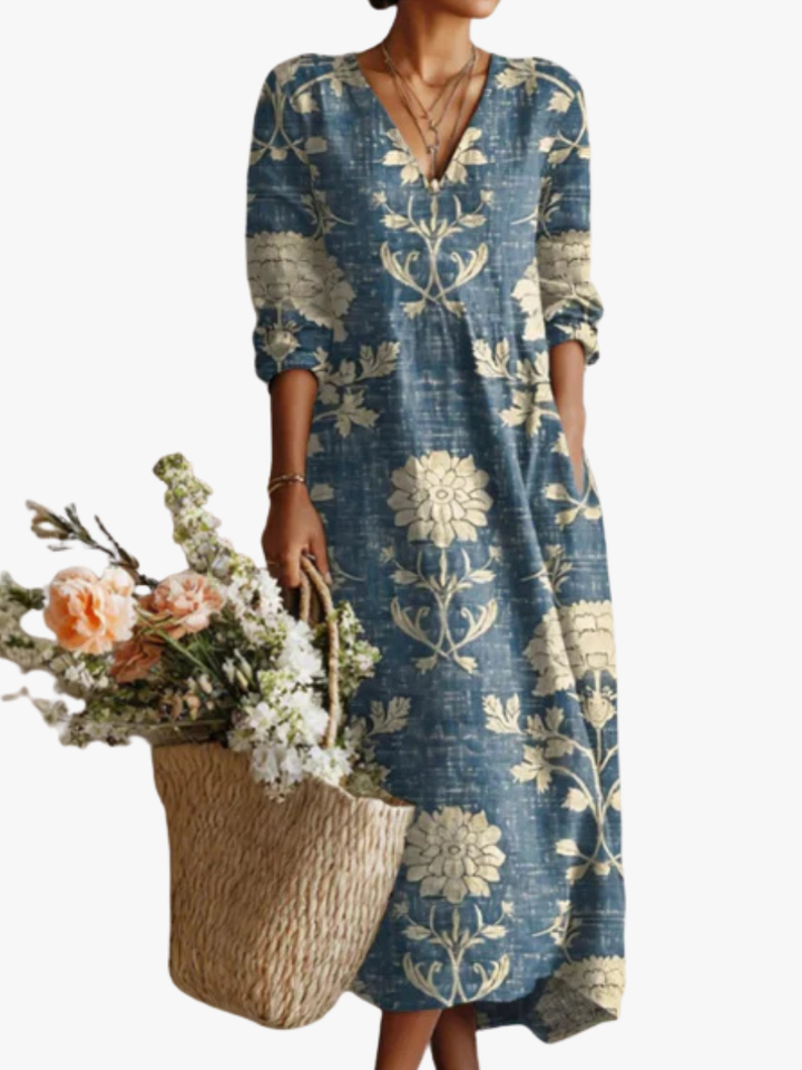 ROBE MIDI EN LIN FLORAL ANCIEN POUR FEMMES