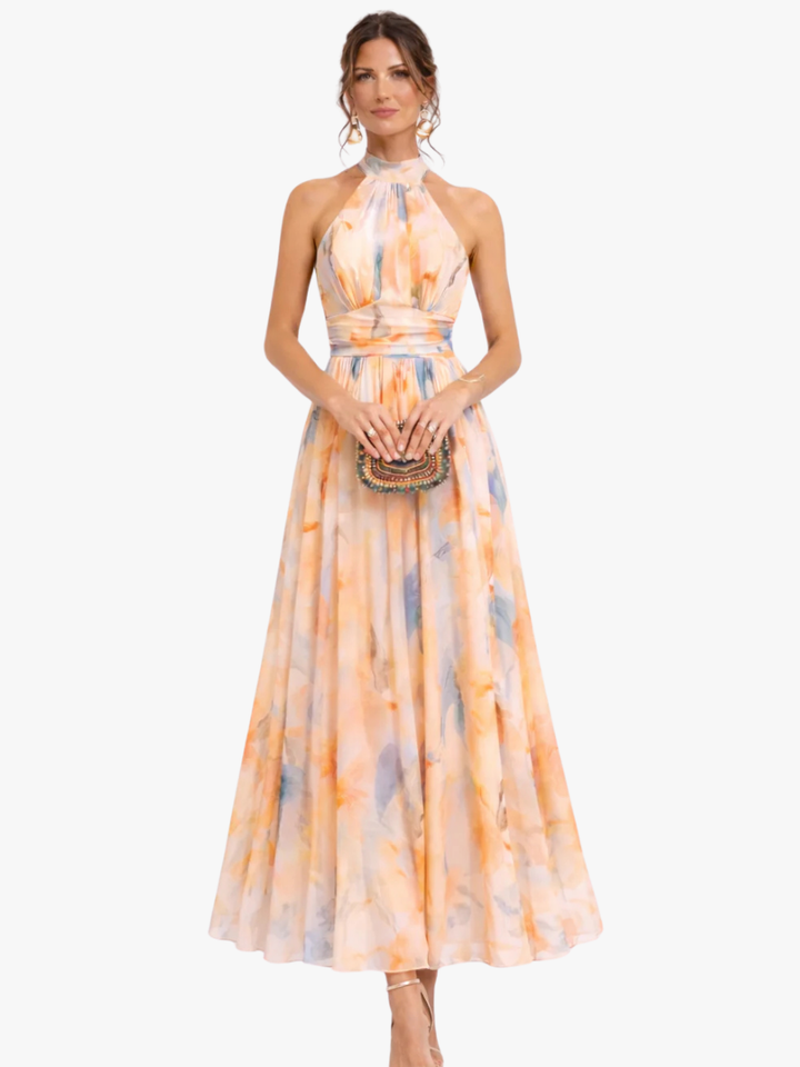 ROBE EN MOUSSELINE PÊCHE FLORAISON POUR FEMME