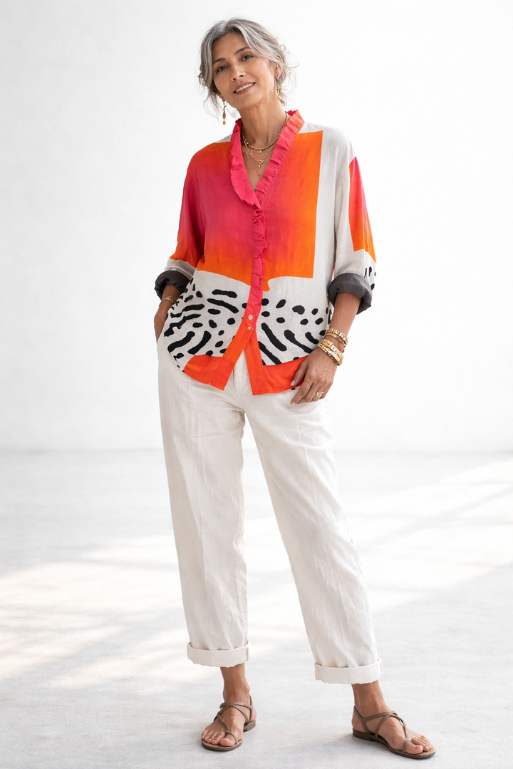 BLOUSE À COL V VOLANT SUR LE DEVANT POUR FEMME