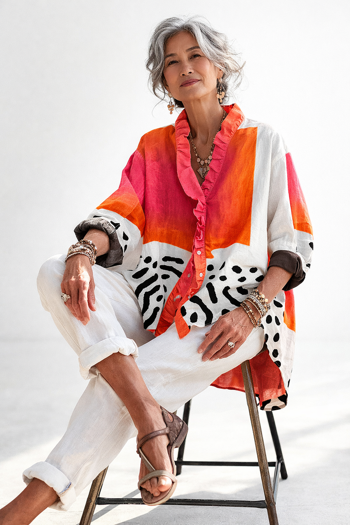 BLOUSE À COL V VOLANT SUR LE DEVANT POUR FEMME