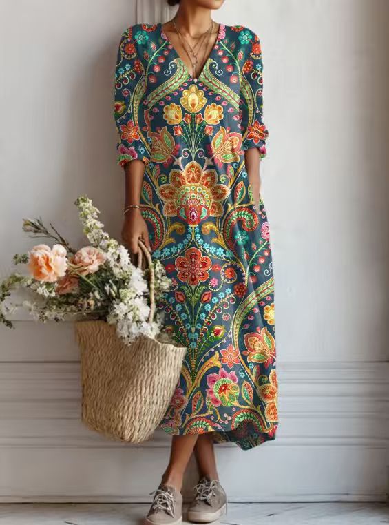 ROBE MIDI EN LIN FLORAL ANCIEN POUR FEMMES