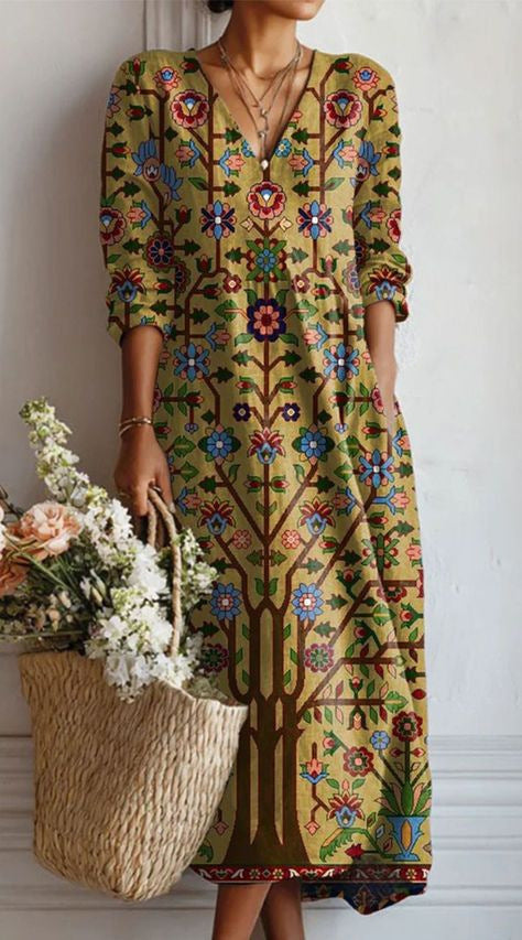 ROBE MIDI EN LIN FLORAL ANCIEN POUR FEMMES