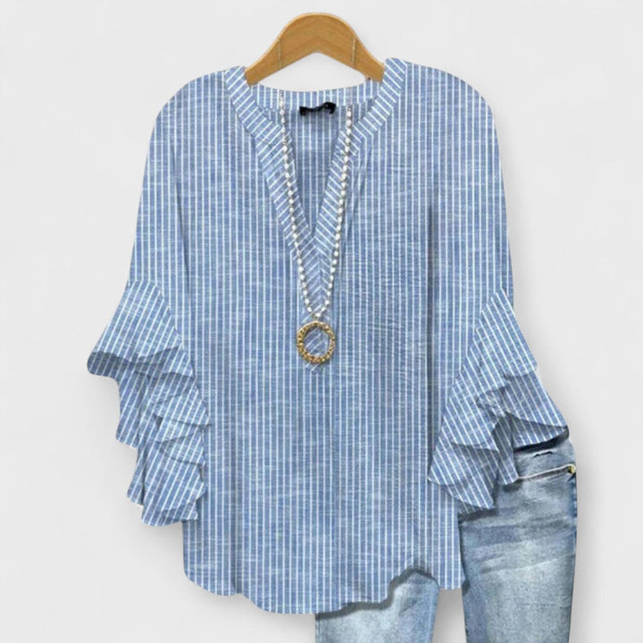 Maryse | Blouse Col V à Manches Volantées – Bleu