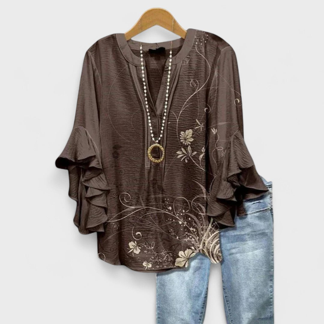 Maryse | Blouse Col V à Manches Volantées – Marron
