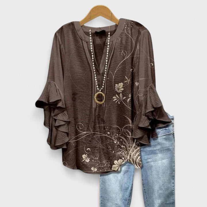 Maryse | Blouse Col V à Manches Volantées – Marron