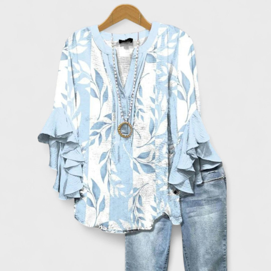 Maryse | Blouse Col V à Manches Volantées – Bleu clair