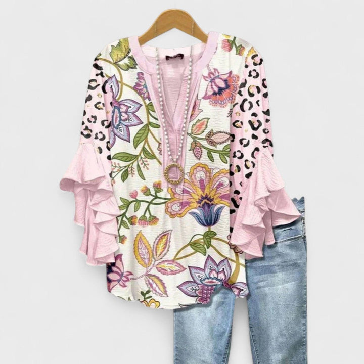 Maryse | Blouse Col V à Manches Volantées – Rose