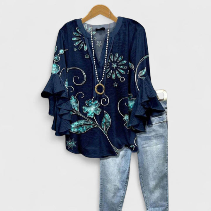 Maryse | Blouse Col V à Manches Volantées – Bleu marine