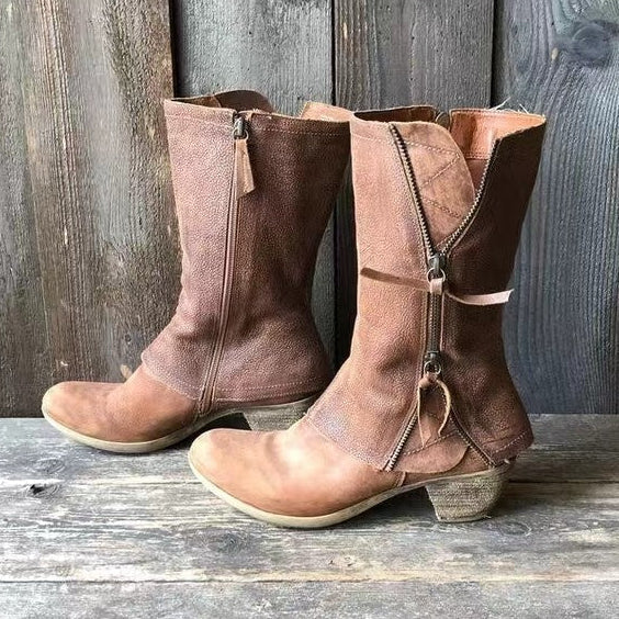 Pascaline | Bottines Mi-mollet en Cuir à Zip – talon et semelle